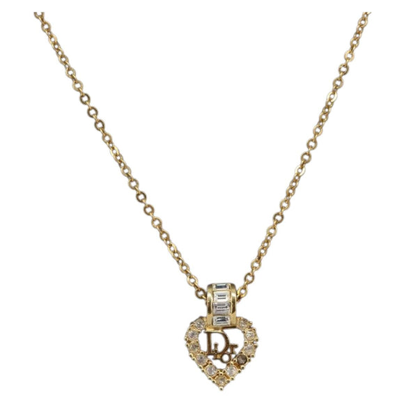 Christian Dior Logo Rhinestone Heart Necklace Metal Gold Tone Auth SK164