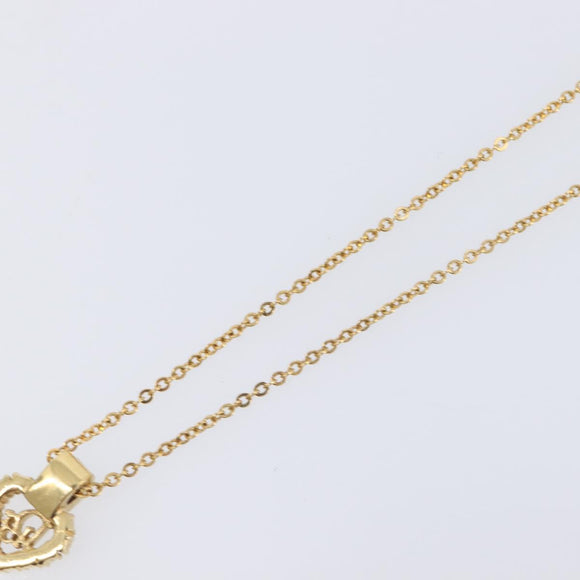 Christian Dior Logo Rhinestone Heart Necklace Metal Gold Tone Auth SK164