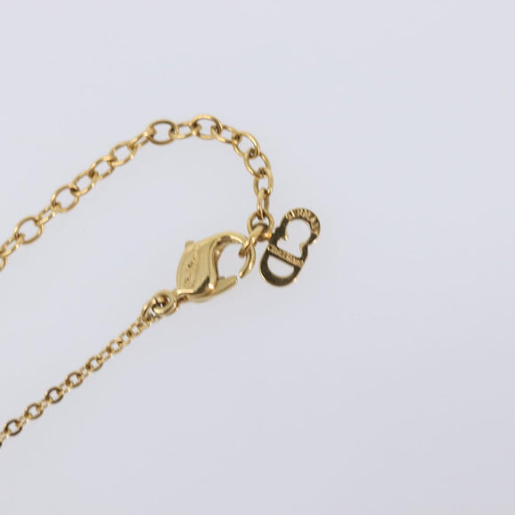 Christian Dior Logo Rhinestone Heart Necklace Metal Gold Tone Auth SK164