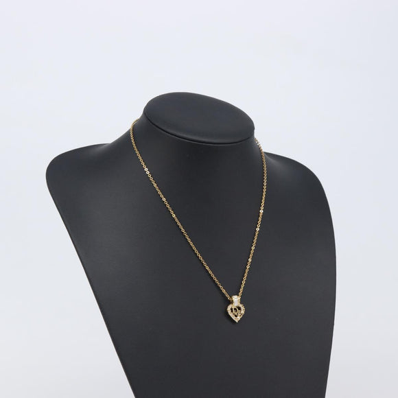 Christian Dior Logo Rhinestone Heart Necklace Metal Gold Tone Auth SK164