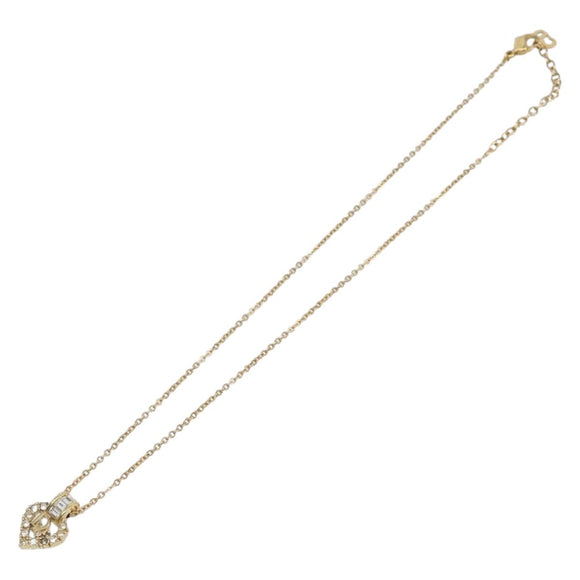 Christian Dior Logo Rhinestone Heart Necklace Metal Gold Tone Auth SK164