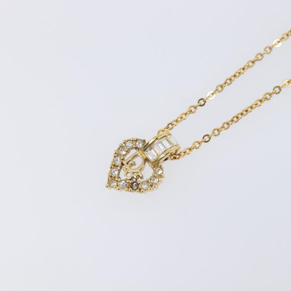 Christian Dior Logo Rhinestone Heart Necklace Metal Gold Tone Auth SK164