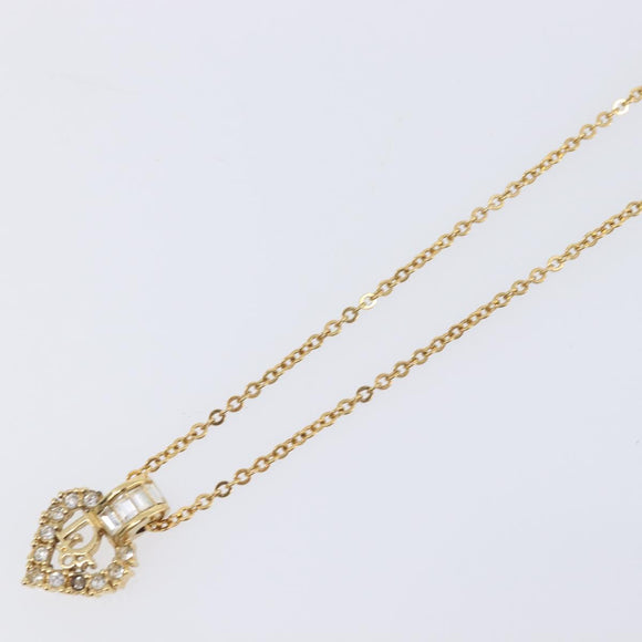 Christian Dior Logo Rhinestone Heart Necklace Metal Gold Tone Auth SK164