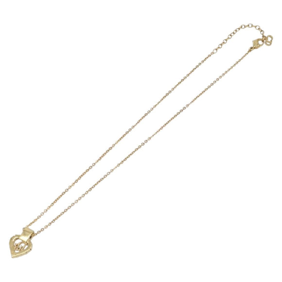 Christian Dior Logo Rhinestone Heart Necklace Metal Gold Tone Auth SK164