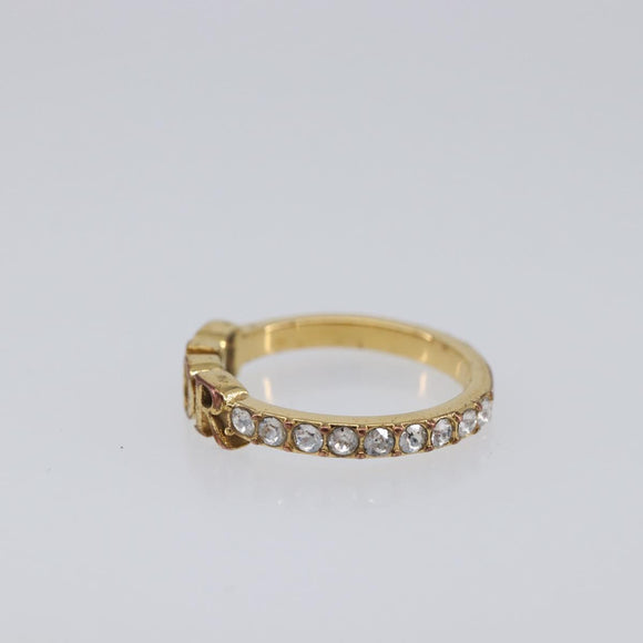 Christian Dior Logo rhinestone Ring Metal Gold Tone Auth SK180
