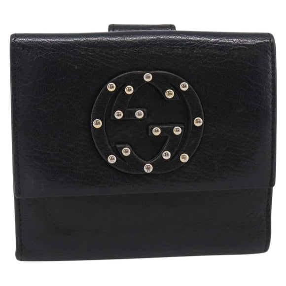 GUCCI Interlocking G Studs Bifold Wallet Leather Black Gold Auth SK274