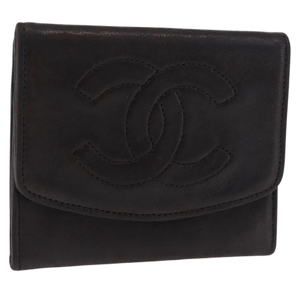 CHANEL COCO Mark Coin Purse Lamb Skin Black Gold CC Auth SK285