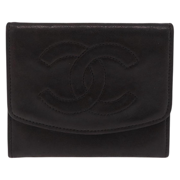 CHANEL COCO Mark Coin Purse Lamb Skin Black Gold CC Auth SK285