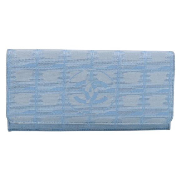 CHANEL New Travel line Long Wallet Nylon Light Blue Silver CC Auth SK325