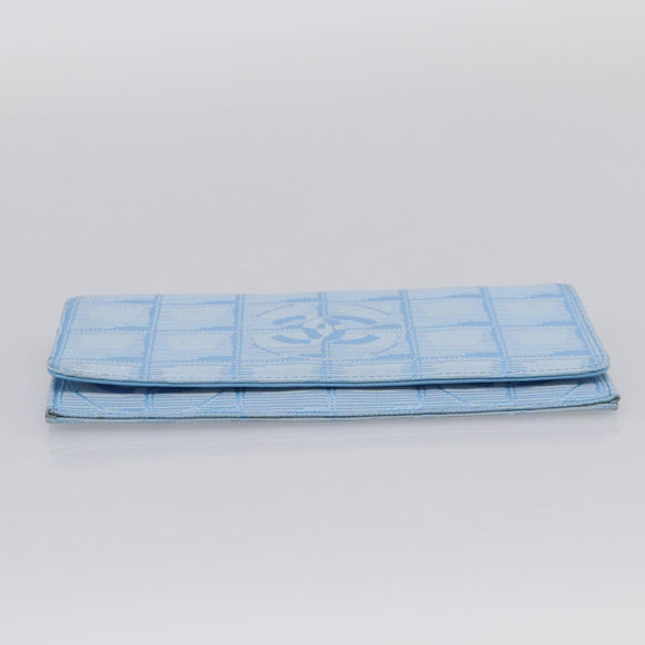 CHANEL New Travel line Long Wallet Nylon Light Blue Silver CC Auth SK325
