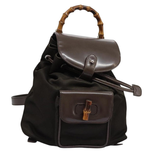 GUCCI Bamboo Backpack Nylon Brown Silver 003 1998 0030 Auth sw096