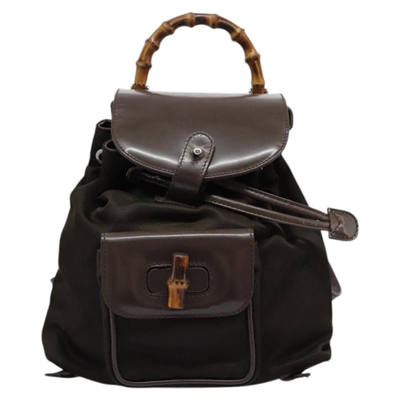 GUCCI Bamboo Backpack Nylon Brown Silver 003 1998 0030 Auth sw096