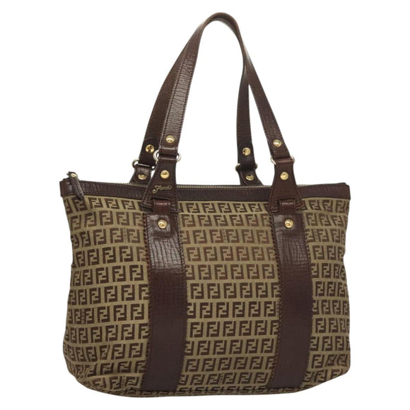 FENDI Zucchino Canvas Tote Bag Brown Gold Auth SW1006
