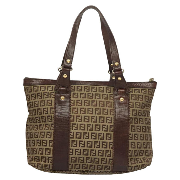 FENDI Zucchino Canvas Tote Bag Brown Gold Auth SW1006