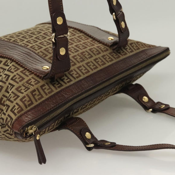 FENDI Zucchino Canvas Tote Bag Brown Gold Auth SW1006