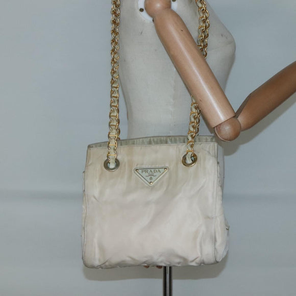 PRADA Chain Shoulder Bag Nylon Beige Gold Auth SW1015