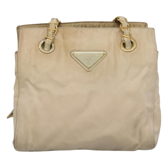 PRADA Chain Shoulder Bag Nylon Beige Gold Auth SW1015