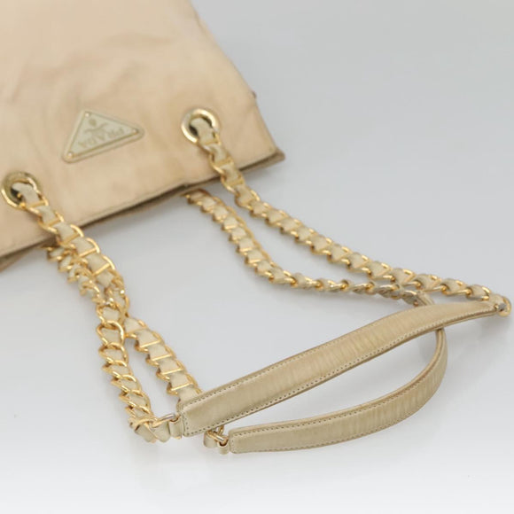 PRADA Chain Shoulder Bag Nylon Beige Gold Auth SW1015