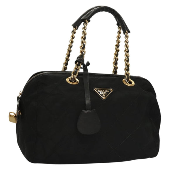 PRADA Chain Hand Bag Nylon Black Gold Auth SW1053