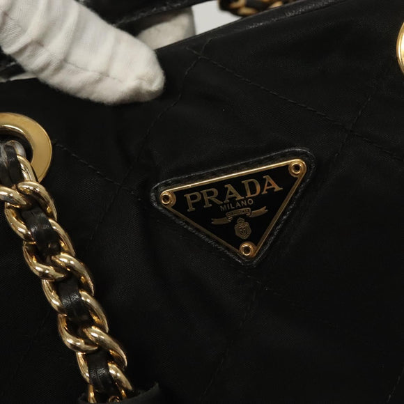 PRADA Chain Hand Bag Nylon Black Gold Auth SW1053