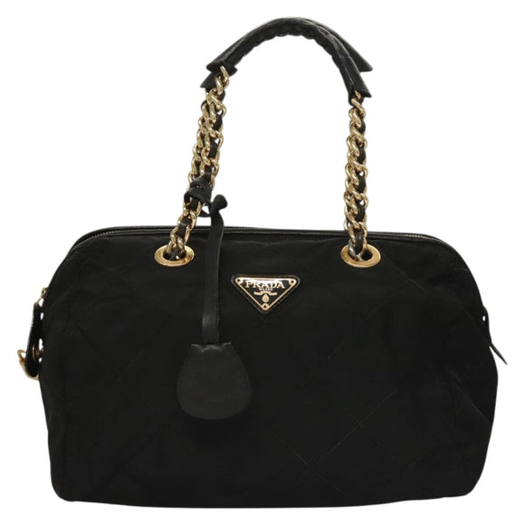 PRADA Chain Hand Bag Nylon Black Gold Auth SW1053