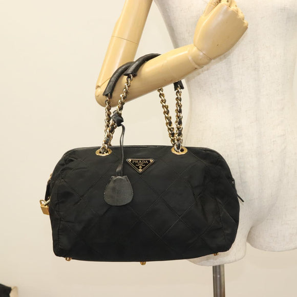 PRADA Chain Hand Bag Nylon Black Gold Auth SW1053