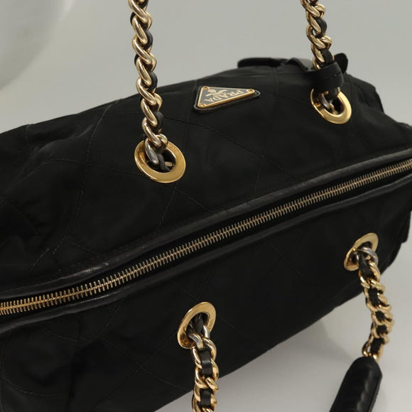 PRADA Chain Hand Bag Nylon Black Gold Auth SW1053