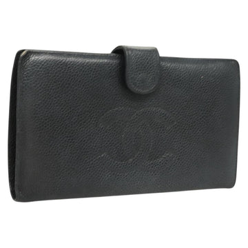 CHANEL COCO Mark Long Wallet Caviar Skin Navy Gold CC Auth SW1065