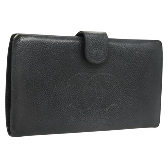 CHANEL COCO Mark Long Wallet Caviar Skin Navy Gold CC Auth SW1065