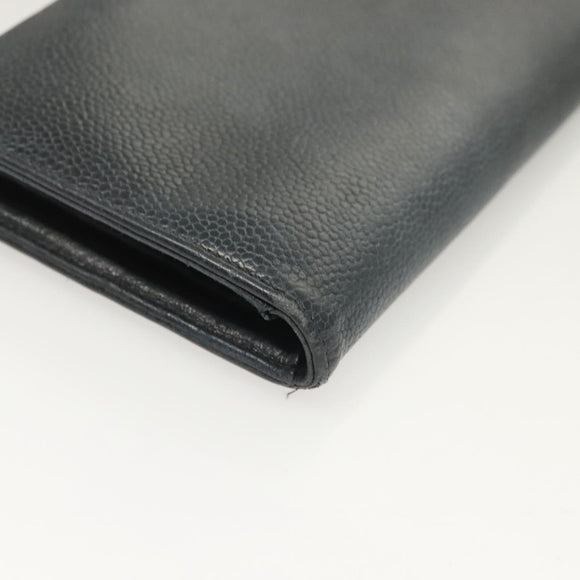 CHANEL COCO Mark Long Wallet Caviar Skin Navy Gold CC Auth SW1065