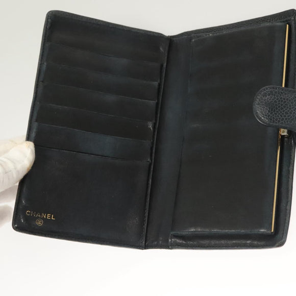 CHANEL COCO Mark Long Wallet Caviar Skin Navy Gold CC Auth SW1065