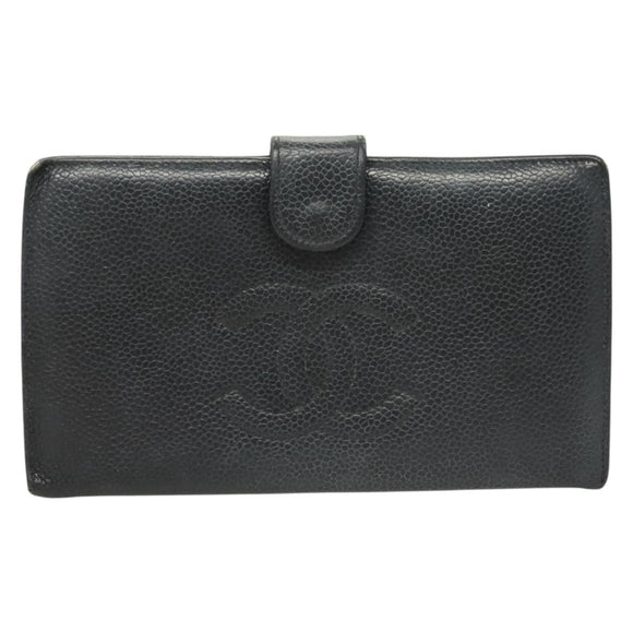 CHANEL COCO Mark Long Wallet Caviar Skin Navy Gold CC Auth SW1065