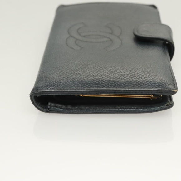 CHANEL COCO Mark Long Wallet Caviar Skin Navy Gold CC Auth SW1065