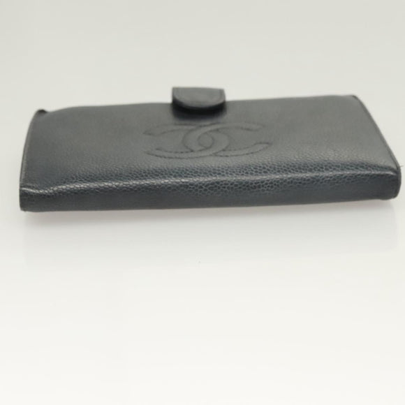 CHANEL COCO Mark Long Wallet Caviar Skin Navy Gold CC Auth SW1065