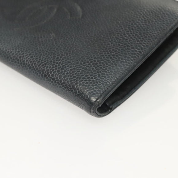 CHANEL COCO Mark Long Wallet Caviar Skin Navy Gold CC Auth SW1065