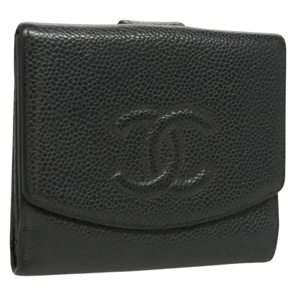 CHANEL COCO Mark Wallet Caviar Skin Black CC Auth SW1075