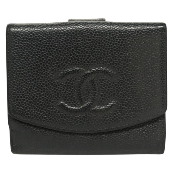 CHANEL COCO Mark Wallet Caviar Skin Black CC Auth SW1075