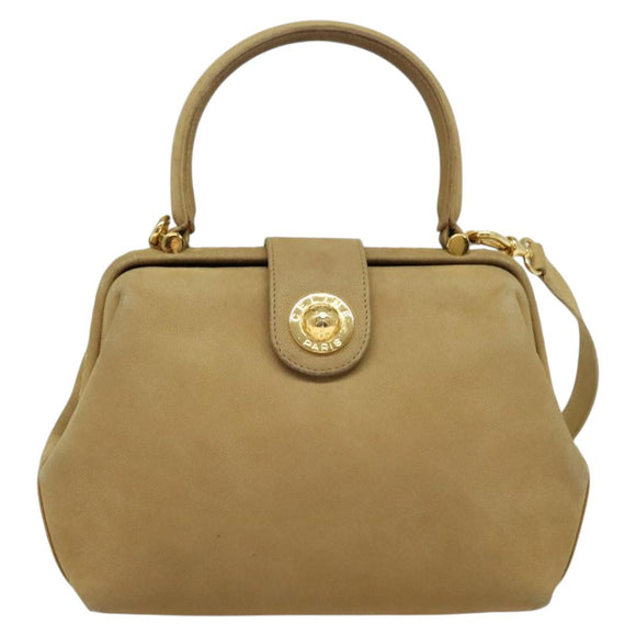CELINE Hand Bag Leather 2way Beige Gold Auth sw1099