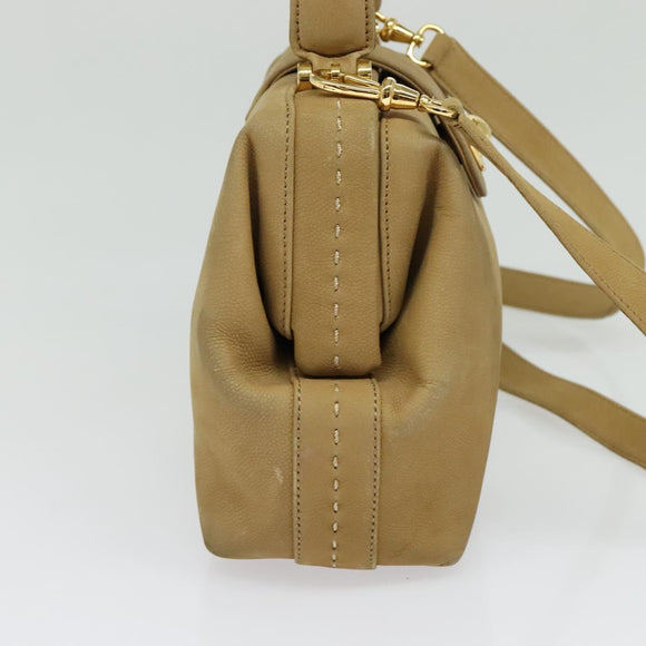 CELINE Hand Bag Leather 2way Beige Gold Auth sw1099