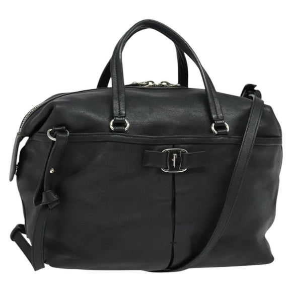Salvatore Ferragamo Hand Bag Leather Black Silver Auth sw1115