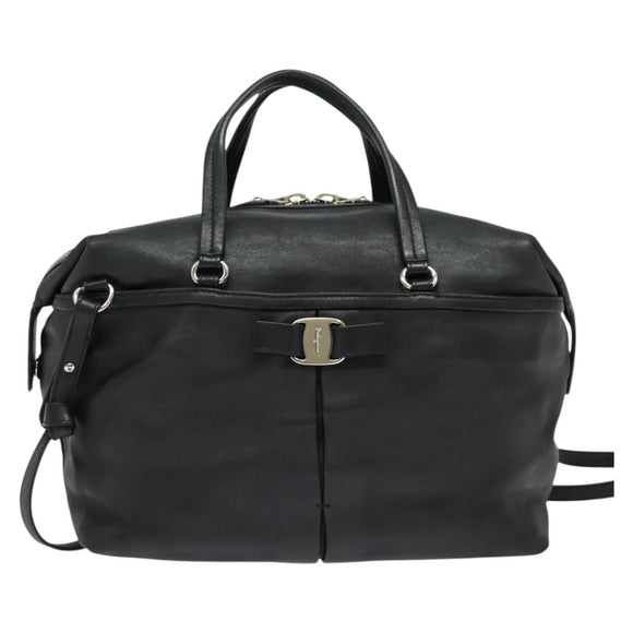 Salvatore Ferragamo Hand Bag Leather Black Silver Auth sw1115