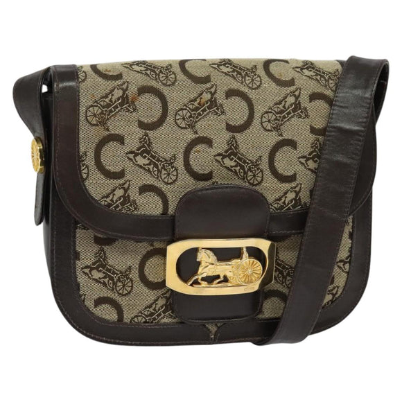 CELINE C Sulky Shoulder Bag Canvas Beige Gold Auth sw1120