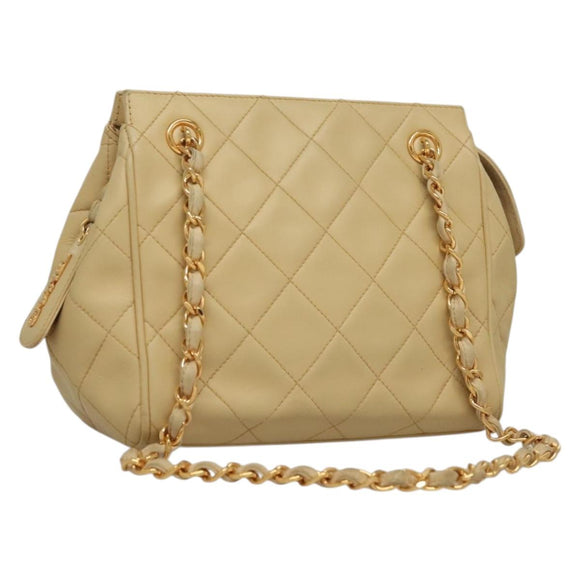 CHANEL Matelasse Chain Shoulder Bag Lamb Skin Beige Gold CC Auth sw1131