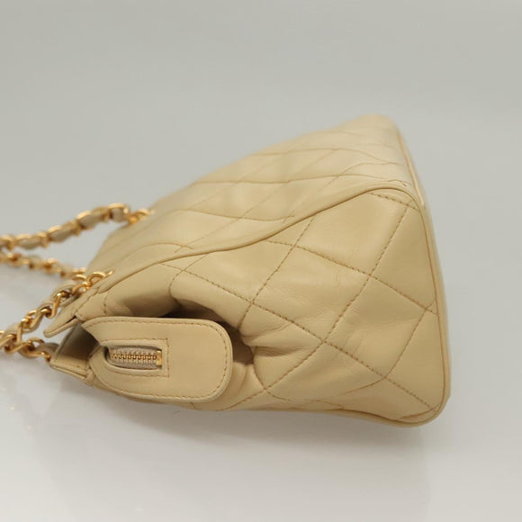 CHANEL Matelasse Chain Shoulder Bag Lamb Skin Beige Gold CC Auth sw1131