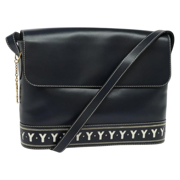 SAINT LAURENT Y Cut Shoulder Bag Leather Navy Gold Auth sw1140V