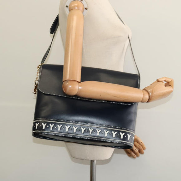 SAINT LAURENT Y Cut Shoulder Bag Leather Navy Gold Auth sw1140V