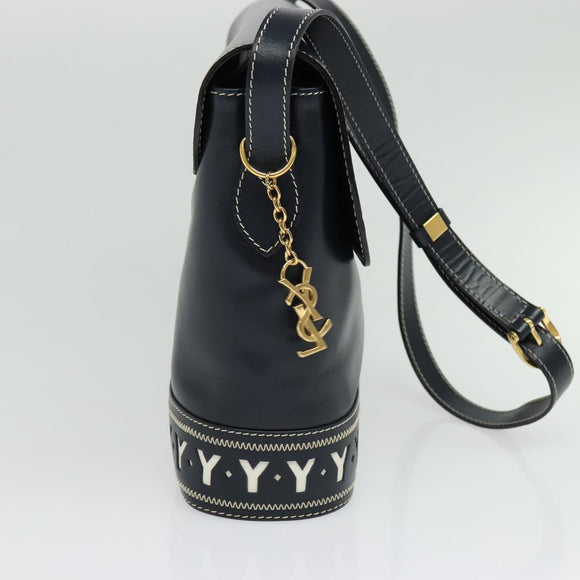 SAINT LAURENT Y Cut Shoulder Bag Leather Navy Gold Auth sw1140V