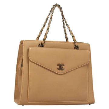 CHANEL Chain Tote Bag Leather Beige CC Auth sw1141