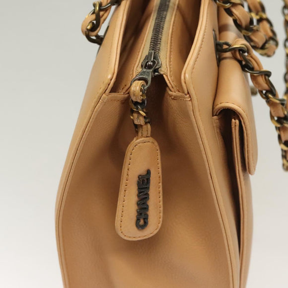 CHANEL Chain Tote Bag Leather Beige CC Auth sw1141