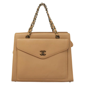 CHANEL Chain Tote Bag Leather Beige CC Auth sw1141 - 0